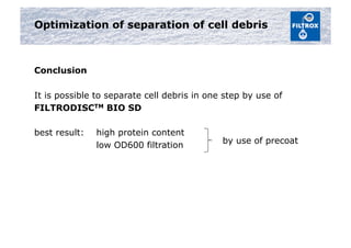 Optimization of separation of cell debris
Conclusion
It is possible to separate cell debris in one step by use of
FILTRODISCTM BIO SD
best result: high protein content
low OD600 filtration
by use of precoat
 
