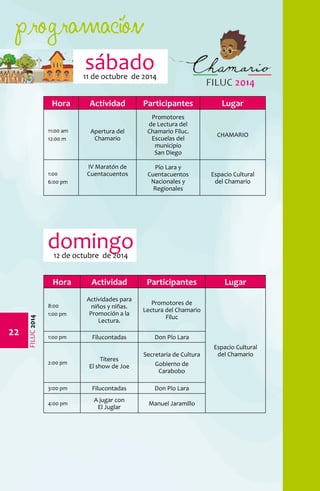 programación 
22 
FILUC 2014 
sábado 
11 de octubre de 2014 
Hora Actividad Participantes Lugar 
11:00 am 
12:00 m 
Apertura del 
Chamario 
Promotores 
de Lectura del 
Chamario Filuc. 
Escuelas del 
municipio 
San Diego 
CHAMARIO 
1:00 
6:00 pm 
IV Maratón de 
Cuentacuentos 
Pío Lara y 
Cuentacuentos 
Nacionales y 
Regionales 
Espacio Cultural 
del Chamario 
domingo 
12 de octubre de 2014 
Hora Actividad Participantes Lugar 
8:00 
1:00 pm 
Actividades para 
niños y niñas. 
Promoción a la 
Lectura. 
Promotores de 
Lectura del Chamario 
Filuc 
Espacio Cultural 
del Chamario 
1:00 pm Filucontadas Don Pío Lara 
2:00 pm Títeres 
El show de Joe 
Secretaria de Cultura 
Gobierno de 
Carabobo 
3:00 pm Filucontadas Don Pío Lara 
4:00 pm A jugar con 
El Juglar Manuel Jaramillo 
 