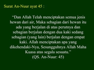 Surat An-Nuur ayat 45 :

    “Dan Allah Telah menciptakan semua jenis
   hewan dari air, Maka sebagian dari hewan itu
       ada yang berjalan di atas perutnya dan
     sebagian berjalan dengan dua kaki sedang
    sebagian (yang lain) berjalan dengan empat
         kaki. Allah menciptakan apa yang
   dikehendaki-Nya, Sesungguhnya Allah Maha
            Kuasa atas segala sesuatu.”
                (QS. An-Nuur: 45)
 
