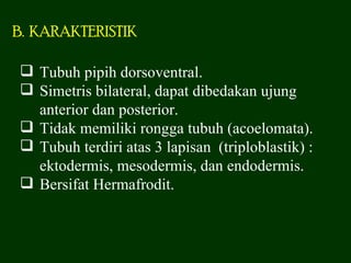 B. KARAKTERISTIK

 Tubuh pipih dorsoventral.
 Simetris bilateral, dapat dibedakan ujung
  anterior dan posterior.
 Tidak memiliki rongga tubuh (acoelomata).
 Tubuh terdiri atas 3 lapisan (triploblastik) :
  ektodermis, mesodermis, dan endodermis.
 Bersifat Hermafrodit.
 