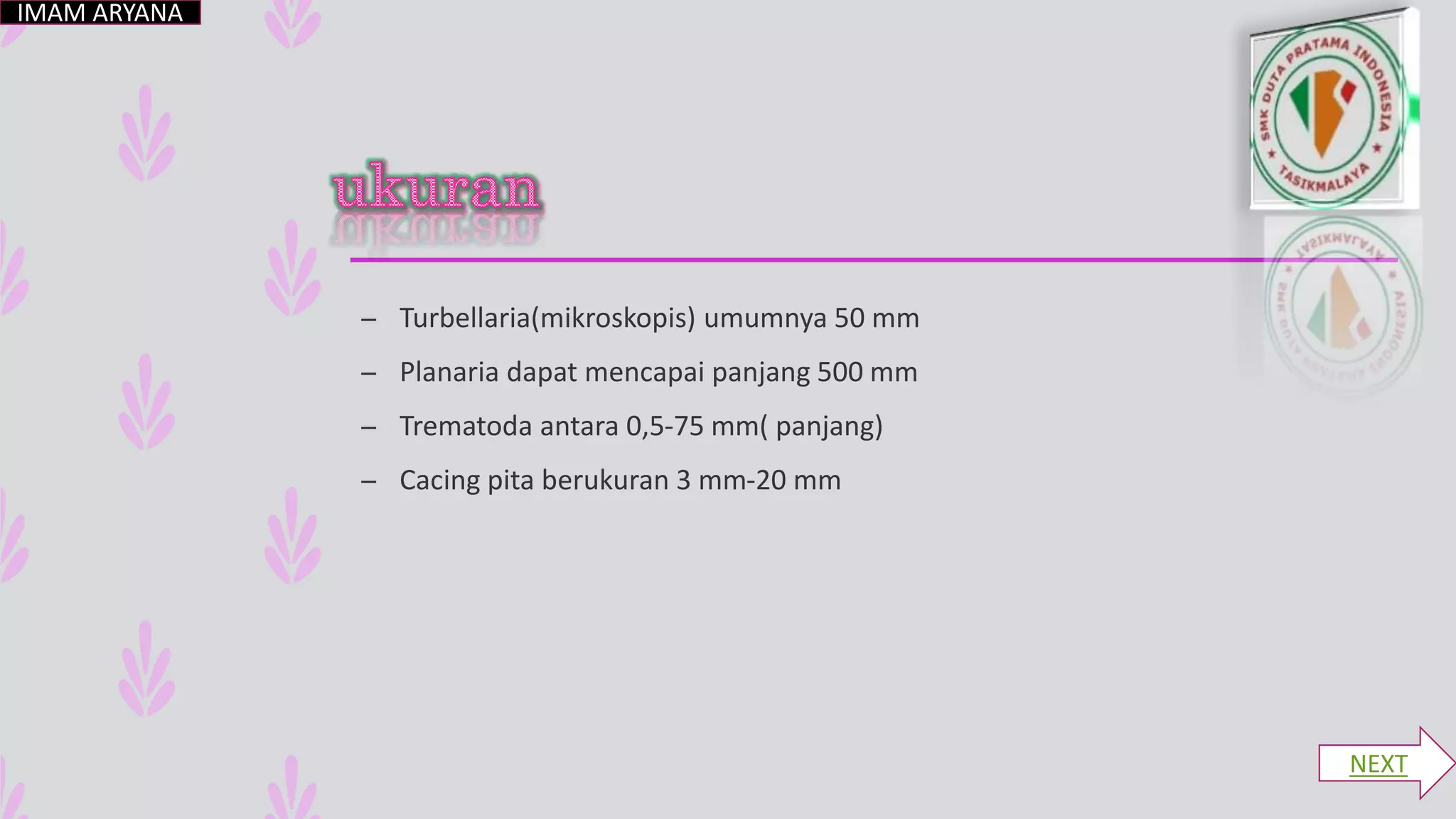 – Turbellaria(mikroskopis) umumnya 50 mm
– Planaria dapat mencapai panjang 500 mm
– Trematoda antara 0,5-75 mm( panjang)
– Cacing pita berukuran 3 mm-20 mm
IMAM ARYANA
NEXT
 