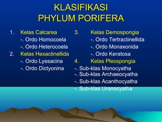 KLASIFIKASIKLASIFIKASI
PHYLUM PORIFERAPHYLUM PORIFERA
1. Kelas Calcarea 3. Kelas Demospongia
-. Ordo Homocoela -. Ordo Tertractinellida
-. Ordo Heterocoela -. Ordo Monaxonida
2. Kelas Hexactinellida -. Ordo Keratosa
-. Ordo Lyssacina 4. Kelas Pleospongia
-. Ordo Dictyonina -. Sub-klas Monocyatha
-. Sub-klas Archaeocyatha
-. Sub-klas Acanthocyatha
-. Sub-klas Uranocyatha
 
