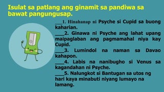 Isulat sa patlang ang ginamit sa pandiwa sa
bawat pangungusap.
___1. Hinahanap ni Psyche si Cupid sa buong
kaharian.
___2. Ginawa ni Psyche ang lahat upang
maipaglaban ang pagmamahal niya kay
Cupid.
___3. Lumindol na naman sa Davao
kahapon.
___4. Labis na nanibugho si Venus sa
kagandahan ni Psyche.
___5. Nalungkot si Bantugan sa utos ng
hari kaya minabuti niyang lumayo na
lamang.
 