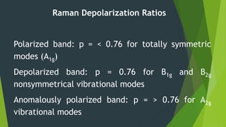 Raman Depolarization Ratios
Polarized band: p = < 0.76 for totally symmetric
modes (A1g)
Depolarized band: p = 0.76 for B1g and B2g
nonsymmetrical vibrational modes
Anomalously polarized band: p = > 0.76 for A2g
vibrational modes
 