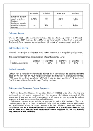 USD/INR       EUR/INR         GBP/INR          JPY/INR
  Minimum margin
  requirement on         1.75%           2.8%            3.2%             4.5%
  first day
  Minimum margin
  requirement after        1%            2%               2%              2.3%
  first day


Calender Spread

When a CF position at one maturity is hedged by an offsetting position at a different
maturity, Rs. 250/‐Calendar Spread Margin per Calendar Spread contract is charged.
The benefit for a calendar spread continues till expiry of the near-month contract.


Extreme Loss Margin

Extreme Loss Margin is computed as % on the MTM value of the gross open position.

The extreme loss margin prescribed for different currency pairs:

                            USD/INR       EUR/INR         GBP/INR        JPY/INR
   Extreme loss margin        1%            0.3%            0.5%           0.7%


Marked-to-market

Default risk is reduced by marking to market. MTM value would be calculated on the
basis of the last half an hour weighted average traded price of the futures contract.
MTM value is used for calculation of Profit / loss on open positions.T+1 settlement
(pay in / out) with exchange through Trading Member.



Settlement of Currency Future Contracts

  National Securities Clearing Corporation Limited (NSCCL) undertakes clearing and
settlement of all trades executed on the currency derivatives segment of the
exchange. It also acts as legal counterparty to all trades on the currency derivatives
segment and guarantees their financial settlement.
  Settlement means actual pay-in or pay-out to settle the contract. The open
positions computation is used to arrive at daily mark to market margin requirement
and maintaining exposure norms. Currency futures contracts have two types of
settlements, the MTM settlement which happens on a continuous basis at the
end of each day, and the final settlement which happens on the last trading
day of the futures contract.
 