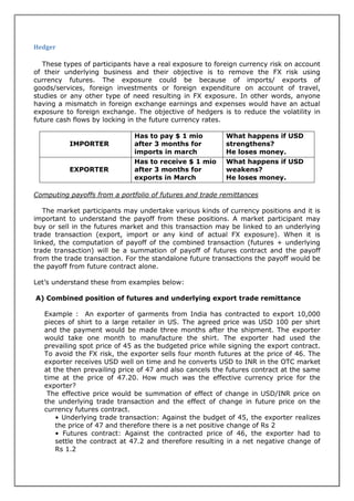 Hedger

   These types of participants have a real exposure to foreign currency risk on account
of their underlying business and their objective is to remove the FX risk using
currency futures. The exposure could be because of imports/ exports of
goods/services, foreign investments or foreign expenditure on account of travel,
studies or any other type of need resulting in FX exposure. In other words, anyone
having a mismatch in foreign exchange earnings and expenses would have an actual
exposure to foreign exchange. The objective of hedgers is to reduce the volatility in
future cash flows by locking in the future currency rates.

                              Has to pay $ 1 mio          What happens if USD
          IMPORTER            after 3 months for          strengthens?
                              imports in march            He loses money.
                              Has to receive $ 1 mio      What happens if USD
          EXPORTER            after 3 months for          weakens?
                              exports in March            He loses money.

Computing payoffs from a portfolio of futures and trade remittances

   The market participants may undertake various kinds of currency positions and it is
important to understand the payoff from these positions. A market participant may
buy or sell in the futures market and this transaction may be linked to an underlying
trade transaction (export, import or any kind of actual FX exposure). When it is
linked, the computation of payoff of the combined transaction (futures + underlying
trade transaction) will be a summation of payoff of futures contract and the payoff
from the trade transaction. For the standalone future transactions the payoff would be
the payoff from future contract alone.

Let’s understand these from examples below:

A) Combined position of futures and underlying export trade remittance

   Example : An exporter of garments from India has contracted to export 10,000
   pieces of shirt to a large retailer in US. The agreed price was USD 100 per shirt
   and the payment would be made three months after the shipment. The exporter
   would take one month to manufacture the shirt. The exporter had used the
   prevailing spot price of 45 as the budgeted price while signing the export contract.
   To avoid the FX risk, the exporter sells four month futures at the price of 46. The
   exporter receives USD well on time and he converts USD to INR in the OTC market
   at the then prevailing price of 47 and also cancels the futures contract at the same
   time at the price of 47.20. How much was the effective currency price for the
   exporter?
    The effective price would be summation of effect of change in USD/INR price on
   the underlying trade transaction and the effect of change in future price on the
   currency futures contract.
       • Underlying trade transaction: Against the budget of 45, the exporter realizes
       the price of 47 and therefore there is a net positive change of Rs 2
       • Futures contract: Against the contracted price of 46, the exporter had to
       settle the contract at 47.2 and therefore resulting in a net negative change of
       Rs 1.2
 