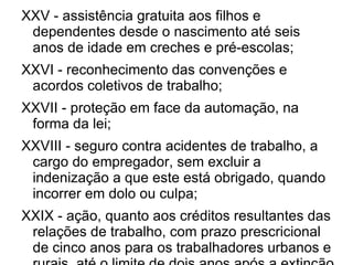 XXV - assistência gratuita aos filhos e dependentes desde o nascimento até seis anos de idade em creches e pré-escolas; XXVI - reconhecimento das convenções e acordos coletivos de trabalho; XXVII - proteção em face da automação, na forma da lei; XXVIII - seguro contra acidentes de trabalho, a cargo do empregador, sem excluir a indenização a que este está obrigado, quando incorrer em dolo ou culpa; XXIX - ação, quanto aos créditos resultantes das relações de trabalho, com prazo prescricional de cinco anos para os trabalhadores urbanos e rurais, até o limite de dois anos após a extinção do contrato de trabalho; XXX - proibição de diferença de salários, de exercício de funções e de critério de admissão por motivo de sexo, idade, cor ou estado civil; XXXI - proibição de qualquer discriminação no tocante a salário e critérios de admissão do trabalhador portador de deficiência;  XXXII - proibição de distinção entre trabalho manual, técnico e intelectual ou entre os profissionais respectivos; XXXIII - proibição de trabalho noturno, perigoso ou insalubre a menores de dezoito e de qualquer trabalho a menores de dezesseis anos, salvo na condição de aprendiz, a partir de quatorze anos; XXXIV - igualdade de direitos entre o trabalhador com vínculo empregatício permanente e o trabalhador avulso." 