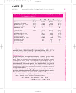 MASTER ➀
SECTION 9.4 Incremental B/C Analysis of Multiple, Mutually Exclusive Alternatives 329
EXAMPLE 9.5 CONTINUED
Utilize hand and computer analysis to perform an incremental B/C study to determine
which park proposal is the best economically. The discount rate used by the EDC is 7% per
year. Can the current incentive guidelines be used to accept the winning proposal?
Solution by Hand
The viewpoint taken for the economic analysis is that of a resident of the city or county.
The ﬁrst-year cash incentives and annual tax reduction incentives are real costs to the res-
idents. Beneﬁts are derived from two components: the decreased entrance fee estimates
and the increased sales tax receipts. These will beneﬁt each citizen indirectly through the
increase in money available to those who use the park and through the city and county
budgets where sales tax receipts are deposited. Since these beneﬁts must be calculated in-
directly from these two components, the initial proposal B/C values cannot be calculated to
initially eliminate any proposals. A B/C analysis incrementally comparing two alternatives
at a time must be conducted.
Table 9–1 includes the results of applying the procedure above. Equivalent AW values
are used for beneﬁt and cost amounts per year. Since the beneﬁts must be derived indirectly
from the entrance fee estimates and sales tax receipts, step 4 is not used.
1. For each alternative, the capital recovery amount over 8 years is determined and
added to the annual property tax incentive cost. For proposal #1,
AW of total costs ϭ initial incentive(A͞P,7%,8) ϩ tax cost
ϭ $250,000(A͞P,7%,8) ϩ 25,000 ϭ $66,867
TABLE 9–1 Estimates of Costs and Beneﬁts, and the Incremental B/C Analysis for Four Water
Park Proposals, Example 9.5
Proposal 1 Proposal 2 Proposal 3 Proposal 4
Initial incentive, $ 250,000 350,000 500,000 800,000
Tax incentive cost, $/year 25,000 35,000 50,000 80,000
Resident entrance fees, $/year 500,000 450,000 425,000 250,000
Extra sales taxes, $/year 310,000 320,000 320,000 340,000
Study period, years 8 8 8 8
AW of total costs, $ 66,867 93,614 133,735 213,976
Alternatives compared 2-to-1 3-to-2 4-to-2
Incremental costs ⌬C, $/year 26,747 40,120 120,360
Entrance fee reduction, $/year 50,000 25,000 200,000
Extra sales tax, $/year 10,000 0 20,000
Incremental beneﬁts ⌬B, $/year 60,000 25,000 220,000
Incremental B/C ratio 2.24 0.62 1.83
Increment justiﬁed? Yes No Yes
Alternative selected 2 2 4
bla18632_ch09.qxd 08/20/2004 5:44 PM Page 329
 