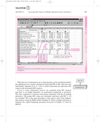 MASTER ➀
SECTION 9.4 Incremental B/C Analysis of Multiple, Mutually Exclusive Alternatives 331
ϭPMT($B$1,C$7,ϪC3)ϩC4 ϭIF(E14Ͼ1,“Yes”,“No”)
ϭE$13/E$10
ϭC$8ϪB$8
ϭB$5ϪC$5
ϭC$6ϪB$6
ϭC$11ϩC$12
Figure 9–2
Spreadsheet solution for an incremental B/C analysis of four mutually exclusive alternatives,
Example 9.5.
When the lives of alternatives are so long that they can be considered inﬁnite,
the capitalized cost is used to calculate the equivalent PW or AW values for costs
and beneﬁts. Equation [5.3], A ϭ P(i), is used to determine the equivalent AW
values in the incremental B/C analysis.
If two or more independent projects are evaluated using B/C analysis
and there is no budget limitation, no incremental comparison is necessary.
The only comparison is between each project separately with the do-nothing
alternative. The project B/C values are calculated, and those with B/C Ն 1.0
are accepted. This is the same procedure as that used to select from indepen-
dent projects using the ROR method (Chapter 8). When a budget limitation is
imposed, the capital budgeting procedure discussed in Chapter 12 must be
applied.
Capitalized cost
Sec. 5.5
bla18632_ch09.qxd 08/20/2004 5:44 PM Page 331
 