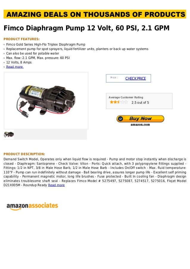 Fimco diaphragm pump 12 volt, 60 psi, 2.1 gpm