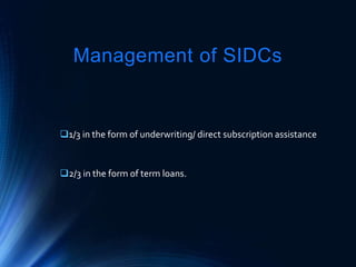 Management of SIDCs
1/3 in the form of underwriting/ direct subscription assistance
2/3 in the form of term loans.
 