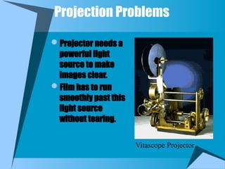 Projection Problems
Projector needs a
powerful light
source to make
images clear.
Film has to run
smoothly past this
light source
without tearing.
Vitascope Projector
 