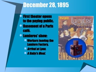 December 28, 1895
First theater opens
to the paying public.
Basement of a Paris
café.
Lumieres’ show:
 Workers leaving the
Lumiere Factory.
 Arrival at Lyon.
 A Baby’s Meal.
 