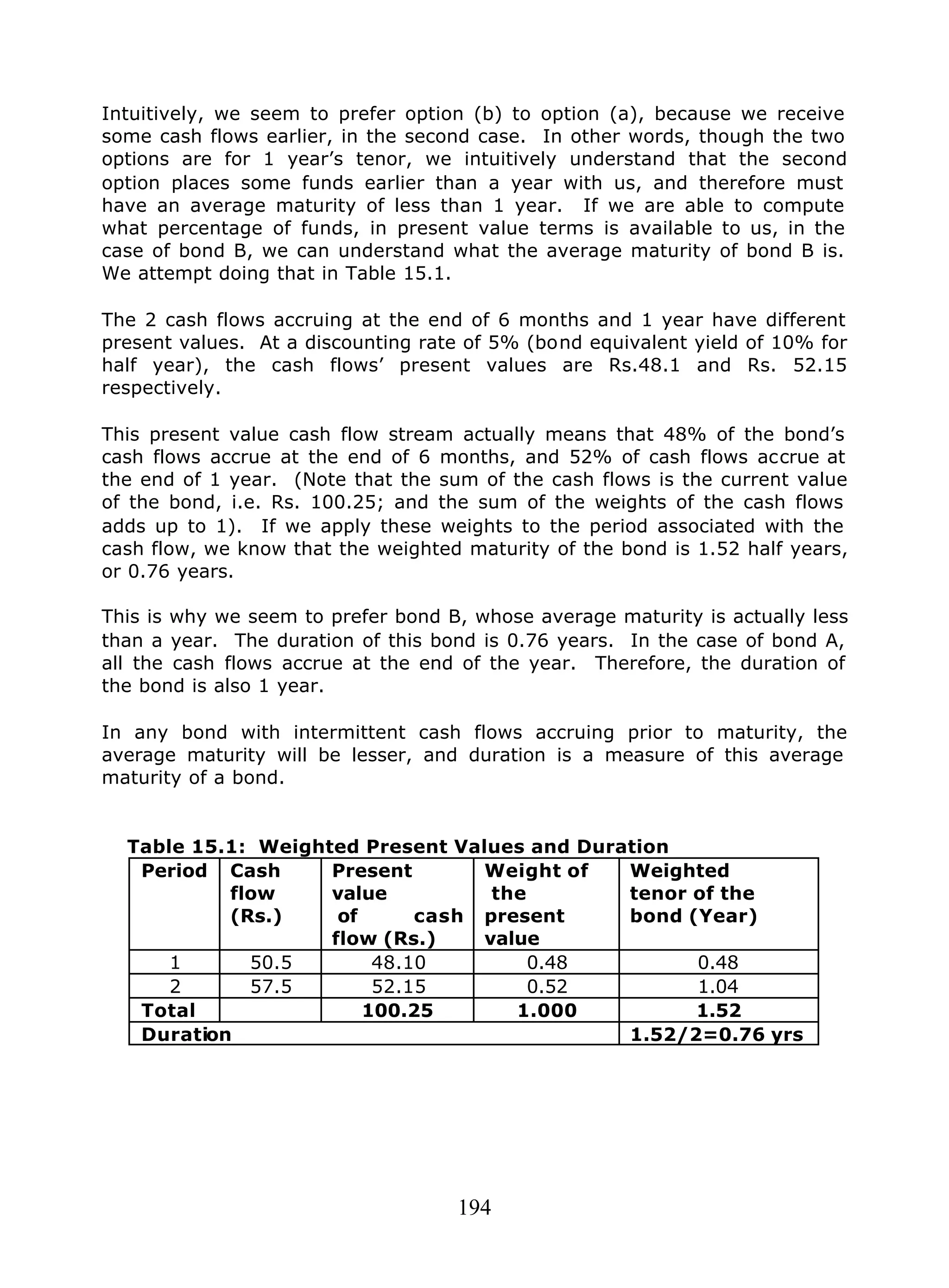 194
Intuitively, we seem to prefer option (b) to option (a), because we receive
some cash flows earlier, in the second case. In other words, though the two
options are for 1 year’s tenor, we intuitively understand that the second
option places some funds earlier than a year with us, and therefore must
have an average maturity of less than 1 year. If we are able to compute
what percentage of funds, in present value terms is available to us, in the
case of bond B, we can understand what the average maturity of bond B is.
We attempt doing that in Table 15.1.
The 2 cash flows accruing at the end of 6 months and 1 year have different
present values. At a discounting rate of 5% (bond equivalent yield of 10% for
half year), the cash flows’ present values are Rs.48.1 and Rs. 52.15
respectively.
This present value cash flow stream actually means that 48% of the bond’s
cash flows accrue at the end of 6 months, and 52% of cash flows accrue at
the end of 1 year. (Note that the sum of the cash flows is the current value
of the bond, i.e. Rs. 100.25; and the sum of the weights of the cash flows
adds up to 1). If we apply these weights to the period associated with the
cash flow, we know that the weighted maturity of the bond is 1.52 half years,
or 0.76 years.
This is why we seem to prefer bond B, whose average maturity is actually less
than a year. The duration of this bond is 0.76 years. In the case of bond A,
all the cash flows accrue at the end of the year. Therefore, the duration of
the bond is also 1 year.
In any bond with intermittent cash flows accruing prior to maturity, the
average maturity will be lesser, and duration is a measure of this average
maturity of a bond.
Table 15.1: Weighted Present Values and Duration
Period Cash
flow
(Rs.)
Present
value
of cash
flow (Rs.)
Weight of
the
present
value
Weighted
tenor of the
bond (Year)
1 50.5 48.10 0.48 0.48
2 57.5 52.15 0.52 1.04
Total 100.25 1.000 1.52
Duration 1.52/2=0.76 yrs
 