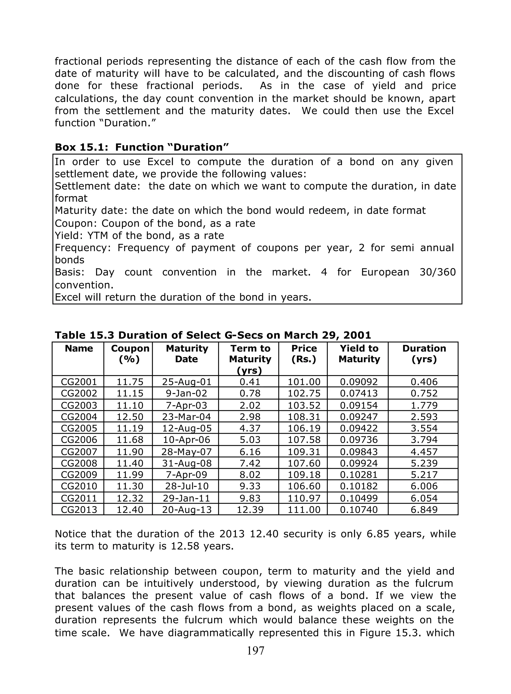 197
fractional periods representing the distance of each of the cash flow from the
date of maturity will have to be calculated, and the discounting of cash flows
done for these fractional periods. As in the case of yield and price
calculations, the day count convention in the market should be known, apart
from the settlement and the maturity dates. We could then use the Excel
function “Duration.”
Box 15.1: Function “Duration”
In order to use Excel to compute the duration of a bond on any given
settlement date, we provide the following values:
Settlement date: the date on which we want to compute the duration, in date
format
Maturity date: the date on which the bond would redeem, in date format
Coupon: Coupon of the bond, as a rate
Yield: YTM of the bond, as a rate
Frequency: Frequency of payment of coupons per year, 2 for semi annual
bonds
Basis: Day count convention in the market. 4 for European 30/360
convention.
Excel will return the duration of the bond in years.
Table 15.3 Duration of Select G-Secs on March 29, 2001
Name Coupon
(%)
Maturity
Date
Term to
Maturity
(yrs)
Price
(Rs.)
Yield to
Maturity
Duration
(yrs)
CG2001 11.75 25-Aug-01 0.41 101.00 0.09092 0.406
CG2002 11.15 9-Jan-02 0.78 102.75 0.07413 0.752
CG2003 11.10 7-Apr-03 2.02 103.52 0.09154 1.779
CG2004 12.50 23-Mar-04 2.98 108.31 0.09247 2.593
CG2005 11.19 12-Aug-05 4.37 106.19 0.09422 3.554
CG2006 11.68 10-Apr-06 5.03 107.58 0.09736 3.794
CG2007 11.90 28-May-07 6.16 109.31 0.09843 4.457
CG2008 11.40 31-Aug-08 7.42 107.60 0.09924 5.239
CG2009 11.99 7-Apr-09 8.02 109.18 0.10281 5.217
CG2010 11.30 28-Jul-10 9.33 106.60 0.10182 6.006
CG2011 12.32 29-Jan-11 9.83 110.97 0.10499 6.054
CG2013 12.40 20-Aug-13 12.39 111.00 0.10740 6.849
Notice that the duration of the 2013 12.40 security is only 6.85 years, while
its term to maturity is 12.58 years.
The basic relationship between coupon, term to maturity and the yield and
duration can be intuitively understood, by viewing duration as the fulcrum
that balances the present value of cash flows of a bond. If we view the
present values of the cash flows from a bond, as weights placed on a scale,
duration represents the fulcrum which would balance these weights on the
time scale. We have diagrammatically represented this in Figure 15.3. which
 