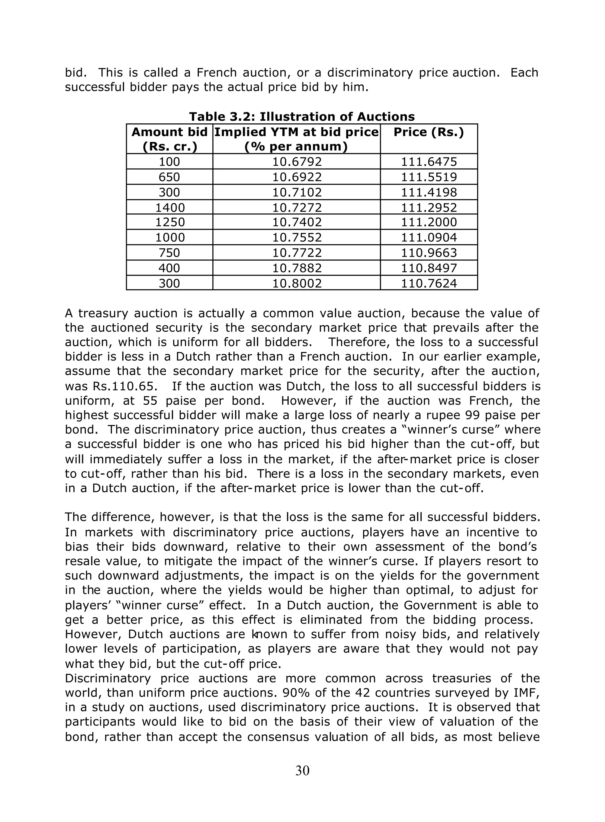 30
bid. This is called a French auction, or a discriminatory price auction. Each
successful bidder pays the actual price bid by him.
Table 3.2: Illustration of Auctions
Amount bid
(Rs. cr.)
Implied YTM at bid price
(% per annum)
Price (Rs.)
100 10.6792 111.6475
650 10.6922 111.5519
300 10.7102 111.4198
1400 10.7272 111.2952
1250 10.7402 111.2000
1000 10.7552 111.0904
750 10.7722 110.9663
400 10.7882 110.8497
300 10.8002 110.7624
A treasury auction is actually a common value auction, because the value of
the auctioned security is the secondary market price that prevails after the
auction, which is uniform for all bidders. Therefore, the loss to a successful
bidder is less in a Dutch rather than a French auction. In our earlier example,
assume that the secondary market price for the security, after the auction,
was Rs.110.65. If the auction was Dutch, the loss to all successful bidders is
uniform, at 55 paise per bond. However, if the auction was French, the
highest successful bidder will make a large loss of nearly a rupee 99 paise per
bond. The discriminatory price auction, thus creates a “winner’s curse” where
a successful bidder is one who has priced his bid higher than the cut-off, but
will immediately suffer a loss in the market, if the after-market price is closer
to cut-off, rather than his bid. There is a loss in the secondary markets, even
in a Dutch auction, if the after-market price is lower than the cut-off.
The difference, however, is that the loss is the same for all successful bidders.
In markets with discriminatory price auctions, players have an incentive to
bias their bids downward, relative to their own assessment of the bond’s
resale value, to mitigate the impact of the winner’s curse. If players resort to
such downward adjustments, the impact is on the yields for the government
in the auction, where the yields would be higher than optimal, to adjust for
players’ “winner curse” effect. In a Dutch auction, the Government is able to
get a better price, as this effect is eliminated from the bidding process.
However, Dutch auctions are known to suffer from noisy bids, and relatively
lower levels of participation, as players are aware that they would not pay
what they bid, but the cut-off price.
Discriminatory price auctions are more common across treasuries of the
world, than uniform price auctions. 90% of the 42 countries surveyed by IMF,
in a study on auctions, used discriminatory price auctions. It is observed that
participants would like to bid on the basis of their view of valuation of the
bond, rather than accept the consensus valuation of all bids, as most believe
 