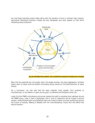 As most large industries power fades along with the question of how to maintain high margins,
alternatives distributed business models are less denigrated and even appear to hold some
interesting value production.
VALUE DISTRIBUTION AMONG THE ALTERNATIVE MANUAFCTURING ECO-SYSTEM
May it be the assembly line, the supply chain, the design process, the value aggregation, all these
tracks seem to follow what the Boston Consulting Group coined as The Deconstruction of Value
Chains
As a conclusion, we may add that the topic interests many people, from students to
manufacturers, to car dealers, to open source guys, to software and hardware crowd, etc.
Lastly, this ﬁrst FIMM unConference encounter opened the path to schedule next meetings around
the FIMM topics. Later in April in Rotterdam and in June in Yokohama will be hosted a second
session, where Renault team and OSVehicle team are invited to follow up these questioning around
the Future of Industry, Making & Mobility with the multi-disciplinary crowd who will attend that
second session.
"28
Open
Manufactory
OSVehicle
User
contributors
ecosystem
Probate on the ecosytem
actors and the parts
Distributed
value
Data
 