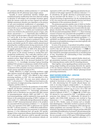Hopp et al. Dendritic cells in autoimmunity
DC activation and effector cytokine production (86) and thereby
could inﬂuence the tDC phenotype upon antigen capture.
Secondly, in several autoimmune disorders multiple post-
translational protein modiﬁcations have been observed resulting
in alteration of self-antigens and neoantigen formation against
which the immune system has not been exposed and tolerized.
Multiple autoimmune disorders were dependent on the presence
of such post-translational modiﬁcations of autoantigens (77).
Acetylation of myelin basic protein was required for the develop-
ment of EAE as non-acetylated peptides failed to stimulate T cells
or induce the disease (92, 93). Similar post-translational modiﬁ-
cations were involved in the autoimmune process in lupus, celiac
disease, and psoriasis (75, 77). Importantly, these modiﬁed pro-
teins could be produced and/or taken up by DCs for presentation
to T and B cells. So far there is limited understanding of how
these modiﬁed proteins are captured or produced by DCs, what
are the exact consequences of this presentation in disease devel-
opment, and whether speciﬁc DC subsets could be skewed toward
presenting these modiﬁed proteins during autoimmunity. In line
with this, certain modiﬁcations such as citrullination could alter
the peptide generation of DCs for MHC-II by altering the sus-
ceptibility of antigen to cathepsin D (94). On the opposite end
of the spectra are the enzymes involved in creating these post-
translational modiﬁcations. They could affect tolerance such as
the N-acetyl glucosaminyl transferase (Mgat5) involved in gly-
cosylation process. Mtga5 deﬁcient animals exhibited profound
autoimmune disease due to the decreased threshold for T-cell
activation (95, 96). Accordingly, increasing N-glycan branching
inhibited TCR activation in autoimmune models of EAE and dia-
betes (97). It will be important for future studies to dissect the
involvement of this and similar enzymes in autoimmunity in a cell
speciﬁc manner especially focusing on DCs.
Thirdly, differences in antigen processing machinery might
affect tolerance toward self-antigens. Accordingly, murine CD8+
(Dec205+) and CD4+ (DCIR+) DCs differed in their antigen
processing machinery, as CD8+ DCs were specialized in cross-
presentation while CD4+ DCs were more potent inducers of
CD4+ T-cell activation (17). These differences were based on a dis-
tinct expression of antigen processing components such as TAPs,
cathepsins, and HLA-DM (17).
The proteasome is involved in the production of most MHC-
I ligands and therefore considered as main component of the
antigen processing machinery (98). Interestingly, autoimmune
disorder such as scleroderma was associated with allele variants
of immunoproteasome subunits, LMP2 and LMP7 (99). Also,
local immunopathology could be explained by tissue speciﬁc dif-
ferences in the proteasomal processing of MHC-I epitopes in a
colitis model (100). Additionally, during inﬂammation the upreg-
ulation of LMP7 immunoproteasomal subunit at the periphery
was associated with the prevention of diabetes (101). As opposite
to this, over-expression of the LMP7 in splenocytes was required
forCD8+ T-cellauto-reactivity(102).Whileabovestudiesdemon-
strate the clear participation of the proteasome in autoimmune
processes, it is less understood how cell speciﬁc (DC-speciﬁc)
changes in these components inﬂuence disease development. Such
cell or subset speciﬁc alterations could be especially interesting,
as in the thymus, different sets of the proteasome subunits are
expressed in mTECs and cTECs suggesting specialization for pre-
sentation of self-antigen repertoire for tolerance induction (103).
In scleroderma, DC-speciﬁc alteration in proteasomal process-
ing was associated with the disease (76, 104). In this case, the
unusual processing of topoisomerase-I by the nucleoproteasome
in DCs was connected with autoantibody production and clinical
manifestation of this autoimmune disorder (76, 104).
The proteasome generates peptides some of which are further
trimmed by aminopeptidases. Some of the trimming takes place
in the cytoplasm but a large proportion is located within the endo-
plasmic reticulum (ER). One of the primary enzymes in the ER is
the ER associated aminopeptidase (ERAP) (105). These trimming
enzymes in humans were associated with susceptibility to various
autoimmune diseases (106). For example, based on genetic stud-
ies, ERAP1 was highly associated with ankylosis spondylitis (107)
and ERAP2 was linked to Crohn’s disease (108). Whether speciﬁc
alterations in such peptide processing are associated explicitly with
DCs needs further evaluation.
In terms of the presence of specialized intracellular compart-
ments associated with tolerance or autoimmunity, merocytic DCs
(mcDCs) that were able to breach self-tolerance (20)(Table 1)
possessed specialized vesicles where they could store apoptotic cel-
lular material for autoantigen presentation for an extended period
of time. Nevertheless, the understanding of these intracellular
organelles is limited so far.
Hence, it remains to be further explored whether altered anti-
gen presentation machinery exists and would be associated with
DCs inducing tolerance and/or with DCs breaching tolerance.
Taken together, various signaling pathways and processes inﬂu-
encing antigen handling and processing determine the capacity
of DCs for tolerance induction and dysregulation in these path-
ways could result in alteration of tDC“effector”phenotype toward
promoting autoimmunity.
WHAT FEATURES DEFINE tDCs? – EFFECTOR
CHARACTERISTICS OF tDCs
The tolerogenic effector capacity of DCs predominantly has been
analyzed in functional co-culture assays (induction of Tregs or
Tr1 cells), determining how DC-transfer affected disease out-
come or via using transgenic animal models (3, 50). Moreover,
increased expression of IL-10 or TGFβ and reduced expression
of pro-inﬂammatory cytokines (e.g., IL-12, IL-1, IL-6, TNF) and
co-stimulatory molecules (e.g., CD80, CD86) are typically con-
sidered as hallmark of tDCs (3, 50) (Figure 1B). In NOD mice,
DC-derived IL-2 was required for CD8+ T-cell deletion and for
protection from diabetes (109). Additionally, DC-derived IL-2
together with CD40–CD40L interaction were involved in Treg
homeostasis (110–112) establishing IL-2 as novel effector mol-
ecule for tDCs. Besides, variety of enzymes such as retinalde-
hyde dehydrogenase-2 (RALDH2) involved in retinoid acid (RA)
metabolism and indolamine 2,3 dioxygenase (IDO) altering tryp-
tophan metabolism were associated with tDCs (3, 113). RA was
involved in Treg induction primarily in the gut and skin while IDO
couldinhibittheproliferationof activatedTcellsandenhancedthe
induction of Tregs (3, 113). It has been recently demonstrated that
the non-enzymatic activity of IDO upon TGFβ challenge in pDCs
was involved in maintaining their regulatory phenotype (114).
www.frontiersin.org February 2014 | Volume 5 | Article 55 | 5
 