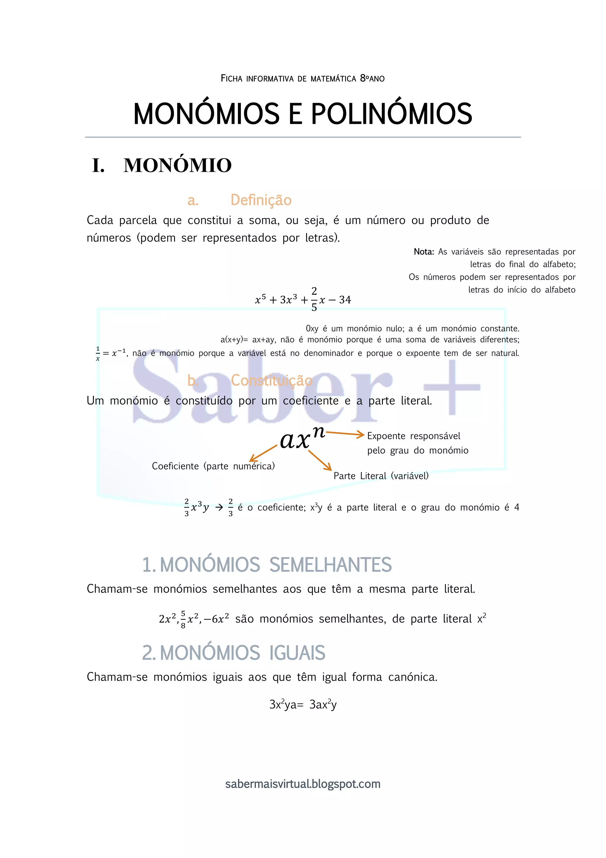 Ficha informativa_ Monómios e Polinómios | PDF