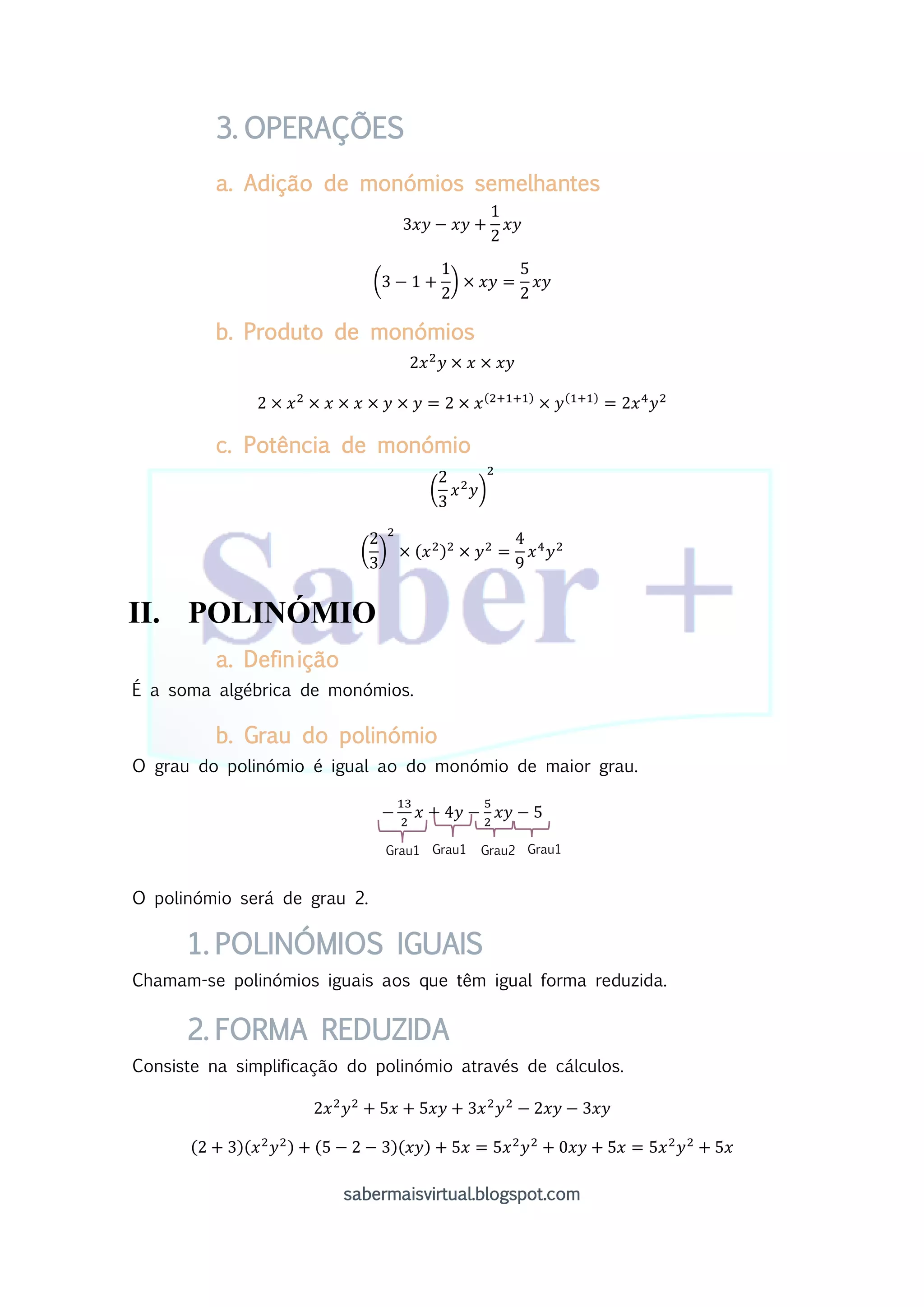Ficha informativa_ Monómios e Polinómios | PDF