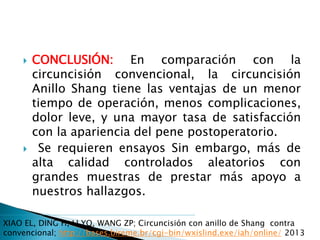  CONCLUSIÓN: En comparación con la
circuncisión convencional, la circuncisión
Anillo Shang tiene las ventajas de un menor
tiempo de operación, menos complicaciones,
dolor leve, y una mayor tasa de satisfacción
con la apariencia del pene postoperatorio.
 Se requieren ensayos Sin embargo, más de
alta calidad controlados aleatorios con
grandes muestras de prestar más apoyo a
nuestros hallazgos.
XIAO EL, DING H, LI YQ, WANG ZP; Circuncisión con anillo de Shang contra
convencional; http://bases.bireme.br/cgi-bin/wxislind.exe/iah/online/ 2013
 
