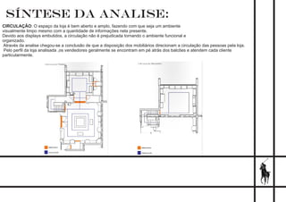 SÍNTESE DA ANALISE:
CIRCULAÇÃO: O espaço da loja é bem aberto e amplo, fazendo com que seja um ambiente
visualmente limpo mesmo com a quantidade de informações nela presente.
Devido aos displays embutidos, a circulação não é prejudicada tornando o ambiente funcional e
organizado.
Através da analise chegou-se a conclusão de que a disposição dos mobiliários direcionam a circulação das pessoas pela loja.
Pelo perﬁl da loja analisada ,os vendedores geralmente se encontram em pé atrás dos balcões e atendem cada cliente
particularmente.
 