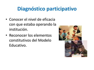 Diagnóstico participativo
• Conocer el nivel de eficacia
con que estaba operando la
institución.
• Reconocer los elementos
constitutivos del Modelo
Educativo.
 