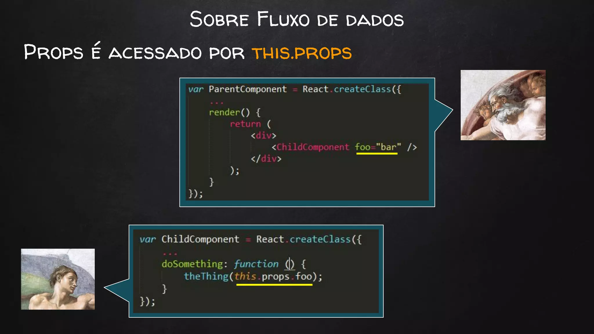 Sobre Fluxo de dados
Props é acessado por this.props
Props
Check
 