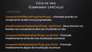 Ciclo de vida
(Component LifeCycle)
ComponenteWillReciveProps(nextProps) - chamado quando um
componente recebe novas propriedades;
shouldComponentUpdate(nextProps, nextState) - Deve retornar um
boolean se o componente deve ser atualizado ou não;
ComponenteWillUpdate(nextProps, nextState) - Chamado
imediatamente antes de uma atualização acontecer.
ComponenteDidUpdate(prevProps, prevState) - Chamado
imediatamente depois da atualização acontecer
Updating
 