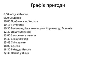 Графік пригоди
6:00 виїзд зі Львова
9:00 Сніданок
10:00 Прибуття в м. Чортків
10:15 Інструктаж
10:30 Веломандрівка околицями Чорткова до Млинків
12:30 Обід у Млинках
13:00 Занурення в печери
15:30 Вихід з Печер
15:45 Спілкування
18:00 Вечеря
18:30 Виїзд до Львова
22:30 Приїзд у Львів
 