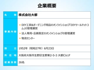 企業概要
名

称

株式会社大都
DIY工具&ガーデニング用品のオンラインショップ「DIYツールドットコ
ム」の管理運営

事業内容

法人専用・会員限定のオンラインショップの管理運営
物流センター

立 1952年（昭和27年）6月23日

設
所

在

地 大阪府大阪市生野区生野東2-5-3 大都ビル1F

従 業 員 数 26名

 