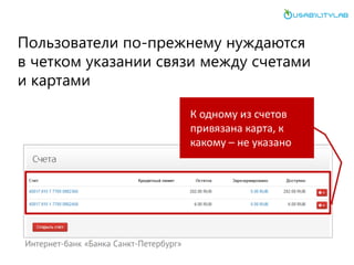 Пользователи по-прежнему нуждаются в четком указании связи между счетами и картами 
К одному из счетов привязана карта, к какому – не указано  