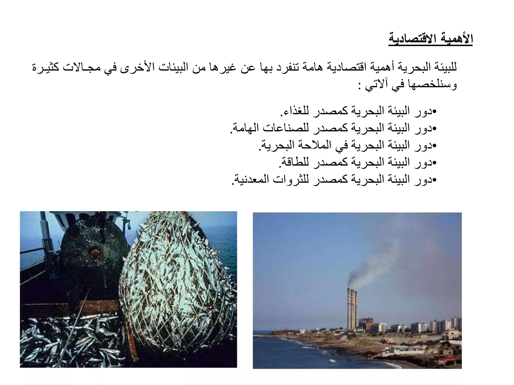 ً‫للبيئةًالبحريةًأهميةًاقتصاديةًهامةًتنفرد‬‫بها‬‫عنًغيرهاًمنًالبيئاتًاألخرىًفيًمجـ‬‫االتًكثيـرة‬
‫وسنلخصهاًفيًآالتي‬:
•‫دورًالبيئةًالبحريةًكمصدرًللغذاء‬.
•‫دورًالبيئةًالبحريةًكمصدرًللصناعاتًالهامة‬.
•‫دورًالبيئةًالبحريةًفيًالمالحةًالبحرية‬.
•‫دورًالبيئةًالبحريةًكمصدرًللطاقة‬.
•‫دورًالبيئةًالبحريةًكمصدرًللثرواتًالمعدنية‬.
‫األهمية‬‫االقتصادية‬
 