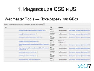 1. Индексация CSS и JS
Webmaster Tools — Посмотреть как GБот
 