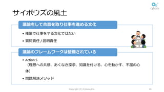 サイボウズの⾵⼟
• 権限で仕事をする⽂化ではない
• 質問責任 /	説明責任
議論をして合意を取り仕事を進める⽂化
• Action	5	
（理想への共感、あくなき探求、知識を付ける、⼼を動かす、不屈の⼼
体）
• 問題解決メソッド
議論のフレームワークは整備されている
Copyright (C) Cybozu,Inc. 16
 