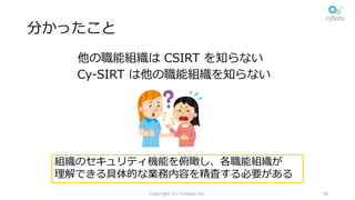 分かったこと
Copyright (C) Cybozu,Inc. 18
他の職能組織は CSIRT を知らない
Cy-SIRT は他の職能組織を知らない
組織のセキュリティ機能を俯瞰し、各職能組織が
理解できる具体的な業務内容を精査する必要がある
 