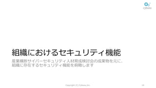組織におけるセキュリティ機能
産業横断サイバーセキュリティ⼈材育成検討会の成果物を元に、
組織に存在するセキュリティ機能を俯瞰します
Copyright (C) Cybozu,Inc. 19
 