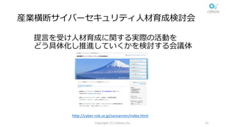 産業横断サイバーセキュリティ⼈材育成検討会
提⾔を受け⼈材育成に関する実際の活動を
どう具体化し推進していくかを検討する会議体
Copyright (C) Cybozu,Inc. 21
http://cyber-risk.or.jp/sansanren/index.html
 