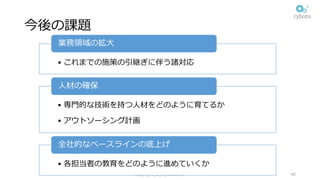 今後の課題
Copyright (C) Cybozu,Inc. 40
• これまでの施策の引継ぎに伴う諸対応
業務領域の拡⼤
• 専⾨的な技術を持つ⼈材をどのように育てるか
• アウトソーシング計画
⼈材の確保
• 各担当者の教育をどのように進めていくか
全社的なベースラインの底上げ
 