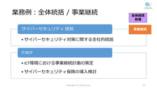 業務例：全体統括 / 事業継続
• サイバーセキュリティ対策に関する全社的統括
サイバーセキュリティ 統括
• ICT環境における事業継続計画の策定
• サイバーセキュリティ保険の導⼊検討
IT-BCP
Copyright (C) Cybozu,Inc. 45
全体統括
管理
事業継続
 