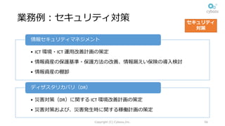 業務例：セキュリティ対策
• ICT	環境・ICT 運⽤改善計画の策定
• 情報資産の保護基準・保護⽅法の改善、情報漏えい保険の導⼊検討
• 情報資産の棚卸
情報セキュリティマネジメント
• 災害対策（DR）に関する ICT	環境改善計画の策定
• 災害対策および、災害発⽣時に関する稼働計画の策定
ディザスタリカバリ（DR）
Copyright (C) Cybozu,Inc. 56
セキュリティ
対策
 
