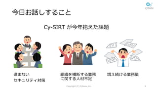 今⽇お話しすること
Copyright (C) Cybozu,Inc. 6
進まない
セキュリティ対策
増え続ける業務量組織を横断する業務
に関する⼈材不⾜
Cy-SIRT が今年抱えた課題
 