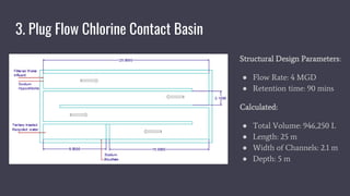 3. Plug Flow Chlorine Contact Basin
Structural Design Parameters:
● Flow Rate: 4 MGD
● Retention time: 90 mins
Calculated:
● Total Volume: 946,250 L
● Length: 25 m
● Width of Channels: 2.1 m
● Depth: 5 m
 