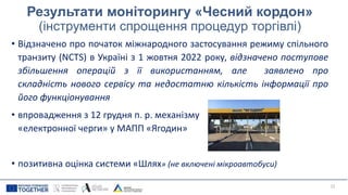 Результати моніторингу «Чесний кордон»
(інструменти спрощення процедур торгівлі)
• Відзначено про початок міжнародного застосування режиму спільного
транзиту (NCTS) в Україні з 1 жовтня 2022 року, відзначено поступове
збільшення операцій з її використанням, але заявлено про
складність нового сервісу та недостатню кількість інформації про
його функціонування
• впровадження з 12 грудня п. р. механізму
«електронної черги» у МАПП «Ягодин»
• позитивна оцінка системи «Шлях» (не включені мікроавтобуси)
22
 