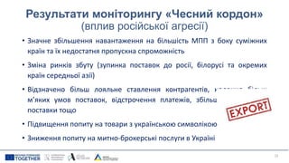 Результати моніторингу «Чесний кордон»
(вплив російської агресії)
• Значне збільшення навантаження на більшість МПП з боку суміжних
країн та їх недостатня пропускна спроможність
• Зміна ринків збуту (зупинка поставок до росії, білорусі та окремих
країн середньої азії)
• Відзначено більш лояльне ставлення контрагентів, надання більш
м’яких умов поставок, відстрочення платежів, збільшення термінів
поставки тощо
• Підвищення попиту на товари з українською символікою
• Зниження попиту на митно-брокерські послуги в Україні
23
 