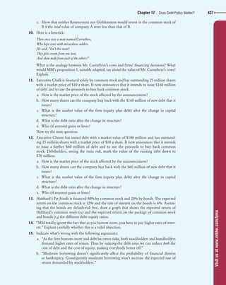 Visitusatwww.mhhe.com/bma
confirming pages
Chapter 17 Does Debt Policy Matter? 437
c. Show that neither Rosencrantz nor Guildenstern would invest in the common stock of
B if the total value of company A were less than that of B.
10. Here is a limerick:
There once was a man named Carruthers,
Who kept cows with miraculous udders.
He said, “Isn’t this neat?
They give cream from one teat,
And skim milk from each of the others!”
What is the analogy between Mr. Carruthers’s cows and firms’ financing decisions? What
would MM’s proposition 1, suitably adapted, say about the value of Mr. Carruthers’s cows?
Explain.
11. Executive Chalk is financed solely by common stock and has outstanding 25 million shares
with a market price of $10 a share. It now announces that it intends to issue $160 million
of debt and to use the proceeds to buy back common stock.
a. How is the market price of the stock affected by the announcement?
b. How many shares can the company buy back with the $160 million of new debt that it
issues?
c. What is the market value of the firm (equity plus debt) after the change in capital
structure?
d. What is the debt ratio after the change in structure?
e. Who (if anyone) gains or loses?
Now try the next question.
12. Executive Cheese has issued debt with a market value of $100 million and has outstand-
ing 15 million shares with a market price of $10 a share. It now announces that it intends
to issue a further $60 million of debt and to use the proceeds to buy back common
stock. Debtholders, seeing the extra risk, mark the value of the existing debt down to
$70 million.
a. How is the market price of the stock affected by the announcement?
b. How many shares can the company buy back with the $60 million of new debt that it
issues?
c. What is the market value of the firm (equity plus debt) after the change in capital
structure?
d. What is the debt ratio after the change in structure?
e. Who (if anyone) gains or loses?
13. Hubbard’s Pet Foods is financed 80% by common stock and 20% by bonds. The expected
return on the common stock is 12% and the rate of interest on the bonds is 6%. Assum-
ing that the bonds are default-risk free, draw a graph that shows the expected return of
Hubbard’s common stock (rE) and the expected return on the package of common stock
and bonds (rA) for different debt–equity ratios.
14. “MM totally ignore the fact that as you borrow more, you have to pay higher rates of inter-
est.” Explain carefully whether this is a valid objection.
15. Indicate what’s wrong with the following arguments:
a. “As the firm borrows more and debt becomes risky, both stockholders and bondholders
demand higher rates of return. Thus by reducing the debt ratio we can reduce both the
cost of debt and the cost of equity, making everybody better off.”
b. “Moderate borrowing doesn’t significantly affect the probability of financial distress
or bankruptcy. Consequently moderate borrowing won’t increase the expected rate of
return demanded by stockholders.”
bre30735_ch17_418-439.indd 437bre30735_ch17_418-439.indd 437 12/8/09 2:30:21 PM12/8/09 2:30:21 PM
 