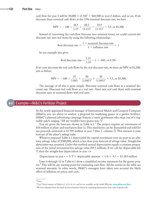 confirming pages
132 Part One Value
cash flow for year 2 will be 50,000 ϫ (1.10)2
ϭ $60,500 in year-2 dollars, and so on. If we
discount these nominal cash flows at the 15% nominal discount rate, we have
NPV 5 2100 1
38.5
1.15
1
60.5
11.1522
1
39.9
11.1523
5 5.5, or $5,500
Instead of converting the cash-flow forecasts into nominal terms, we could convert the
discount rate into real terms by using the following relationship:
Real discount rate 5
1 1 nominal discount rate
1 1 inflation rate
2 1
In our example this gives
Real discount rate 5
1.15
1.10
2 1 5 .045, or 4.5%
If we now discount the real cash flows by the real discount rate, we have an NPV of $5,500,
just as before:
NPV 5 2100 1
35
1.045
1
50
11.04522
1
30
11.04523
5 5.5, or $5,500
The message of all this is quite simple. Discount nominal cash flows at a nominal dis-
count rate. Discount real cash flows at a real rate. Never mix real cash flows with nominal
discount rates or nominal flows with real rates.
As the newly appointed financial manager of International Mulch and Compost Company
(IM&C), you are about to analyze a proposal for marketing guano as a garden fertilizer.
(IM&C’s planned advertising campaign features a rustic gentleman who steps out of a veg-
etable patch singing, “All my troubles have guano way.”)2
You are given the forecasts shown in Table 6.1.3
The project requires an investment of
$10 million in plant and machinery (line 1). This machinery can be dismantled and sold for
net proceeds estimated at $1.949 million in year 7 (line 1, column 7). This amount is your
forecast of the plant’s salvage value.
Whoever prepared Table 6.1 depreciated the capital investment over six years to an arbi-
trary salvage value of $500,000, which is less than your forecast of salvage value. Straight-line
depreciation was assumed. Under this method annual depreciation equals a constant propor-
tion of the initial investment less salvage value ($9.5 million). If we call the depreciable life
T, then the straight-line depreciation in year t is
Depreciation in year t 5 1/T 3 depreciable amount 5 1/6 3 9.5 5 $1.583 million
Lines 6 through 12 in Table 6.1 show a simplified income statement for the guano proj-
ect.4
This will be our starting point for estimating cash flow. All the entries in the table are
nominal amounts. In other words, IM&C’s managers have taken into account the likely
effect of inflation on prices and costs.
2
Sorry.
3
“Live” Excel versions of Tables 6.1, 6.2, 6.4, 6.5, and 6.6 are available on the book’s Web site, www.mhhe.com/bma.
4
We have departed from the usual income-statement format by separating depreciation from costs of goods sold.
6-2 Example—IM&C’s Fertilizer Project
bre30735_ch06_127-155.indd 132bre30735_ch06_127-155.indd 132 12/2/09 7:27:41 PM12/2/09 7:27:41 PM
 