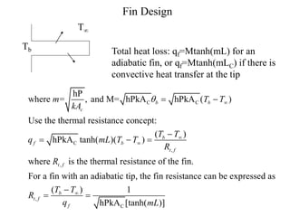 Fin Design
Total heat loss: qf=Mtanh(mL) for an
adiabatic fin, or qf=Mtanh(mLC) if there is
convective heat transfer at the tip
C C
C
,
,
hP
where = , and M= hPkA hPkA ( )
Use the thermal resistance concept:
( )
hPkA tanh( )( )
where is the thermal resistance of the fin.
For a fin with an adiabatic tip, the fin
b b
c
b
f b
t f
t f
m T T
kA
T T
q mL T T
R
R
 


 

  
,
C
resistance can be expressed as
( ) 1
hPkA [tanh( )]
b
t f
f
T T
R
q mL


 
Tb
T
 