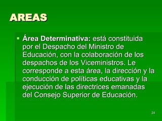 AREAS  Área Determinativa:  está constituida por el Despacho del Ministro de Educación, con la colaboración de los despachos de los Viceministros. Le corresponde a esta área, la dirección y la conducción de políticas educativas y la ejecución de las directrices emanadas del Consejo Superior de Educación. 
