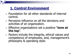 11
1. Control Environment
 Foundation for all other standards of internal
control.
 Pervasive influence on all the decisions and
activities of an organization.
 Effective organizations set a positive “tone at
the top”.
 Factors include the integrity, ethical values and
competence of employees, and, management’s
philosophy & operating style.
 